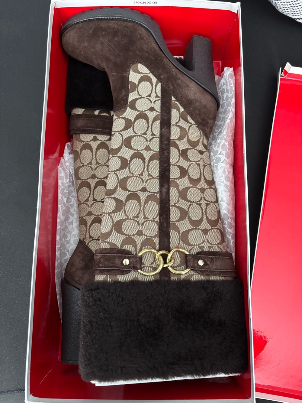 Coach Brown Logo Pattern Suede Fur-Trim Heeled Boots - Picture 2 of 4